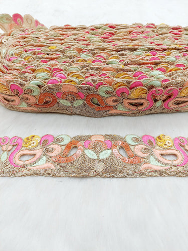 Cutwork Lace Trim With Intricate Hand Embroidered Swans In Pink and Zardozi Embroidery, Floral Trims, Sari Border